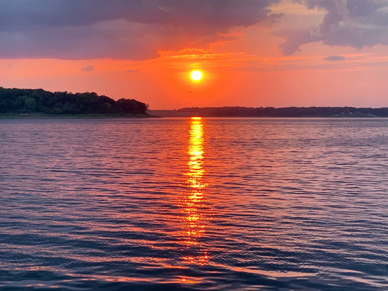 A sunset over the water with trees in the background.