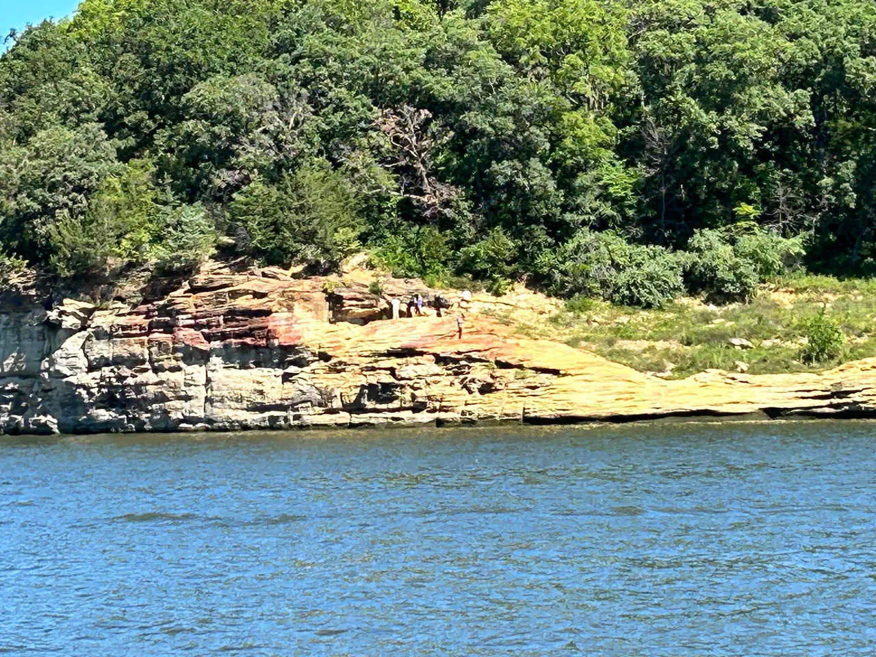 A body of water with trees and rocks in the background.