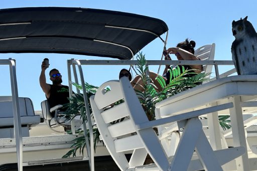 A boat with people sitting on it and some plants